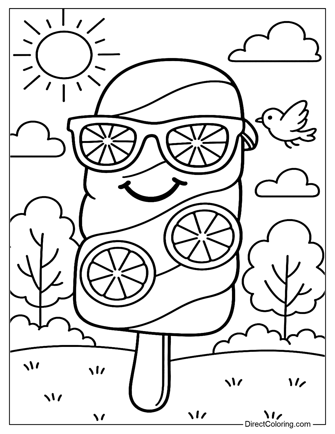 A coloring page of a popsicle wearing sunglasses, smiling, with orange peel across the body of the popsicle